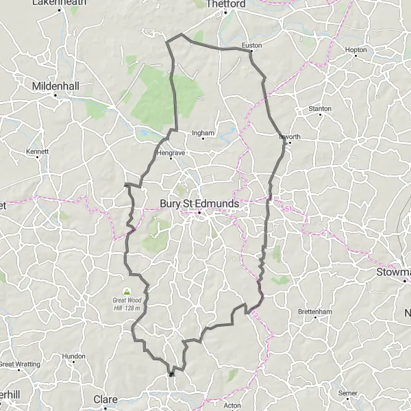 Map miniature of "The Suffolk Delight" cycling inspiration in East Anglia, United Kingdom. Generated by Tarmacs.app cycling route planner