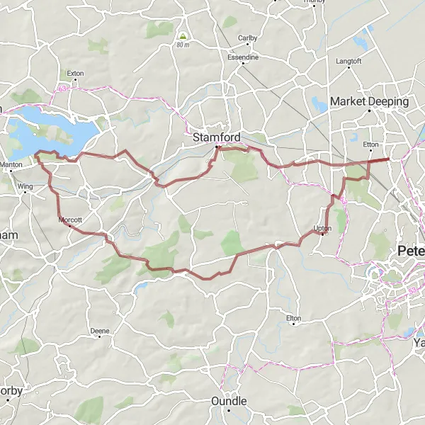 Map miniature of "Lyndon and Wakerley Gravel Ride" cycling inspiration in East Anglia, United Kingdom. Generated by Tarmacs.app cycling route planner