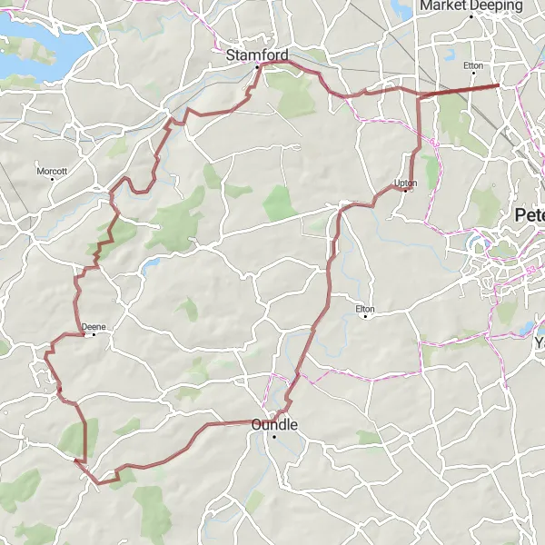 Map miniature of "Brigstock and Tixover Gravel Ride" cycling inspiration in East Anglia, United Kingdom. Generated by Tarmacs.app cycling route planner