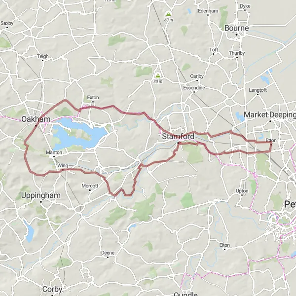 Map miniature of "Exploring Rutland's Hidden Gems" cycling inspiration in East Anglia, United Kingdom. Generated by Tarmacs.app cycling route planner