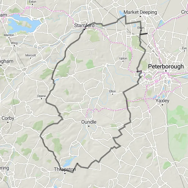 Map miniature of "Marholm and Thrapston Road Ride" cycling inspiration in East Anglia, United Kingdom. Generated by Tarmacs.app cycling route planner