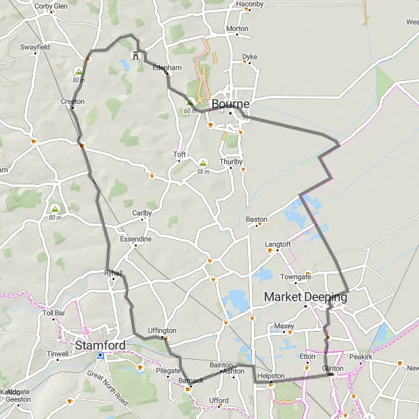 Map miniature of "Bourne and Deeping Gate Road Ride" cycling inspiration in East Anglia, United Kingdom. Generated by Tarmacs.app cycling route planner