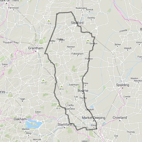 Map miniature of "Bourne and Sleaford Loop" cycling inspiration in East Anglia, United Kingdom. Generated by Tarmacs.app cycling route planner