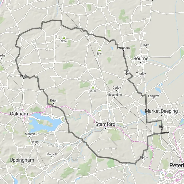 Map miniature of "Rutland Villages Road Ride" cycling inspiration in East Anglia, United Kingdom. Generated by Tarmacs.app cycling route planner