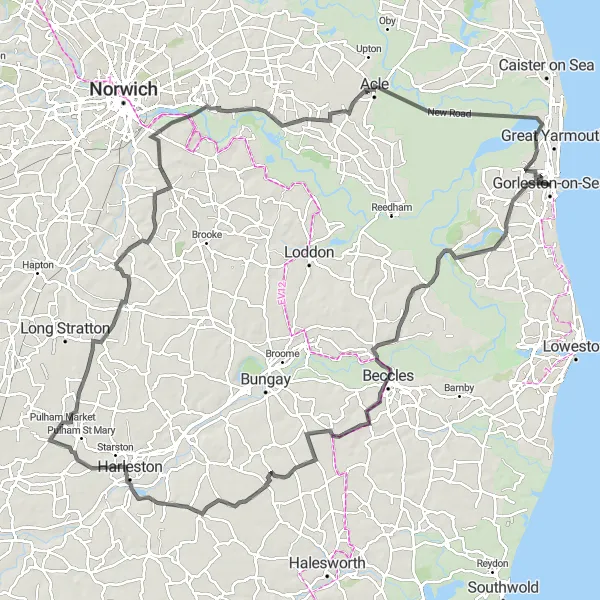 Map miniature of "Diverse Countryside Loop to Brundall and Fritton" cycling inspiration in East Anglia, United Kingdom. Generated by Tarmacs.app cycling route planner