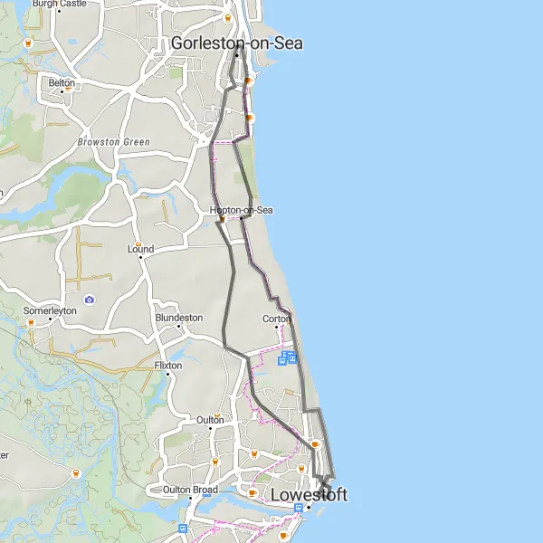 Map miniature of "Coastal Delights" cycling inspiration in East Anglia, United Kingdom. Generated by Tarmacs.app cycling route planner