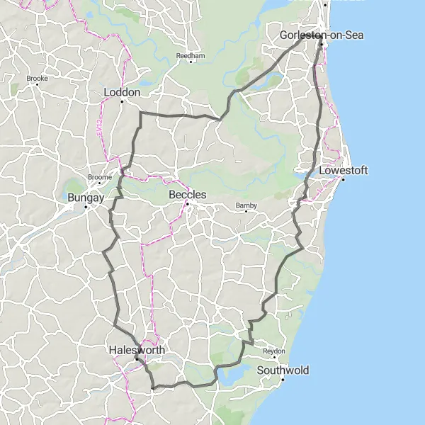 Map miniature of "Coastal Loop to Wang Marshes and Wissett" cycling inspiration in East Anglia, United Kingdom. Generated by Tarmacs.app cycling route planner