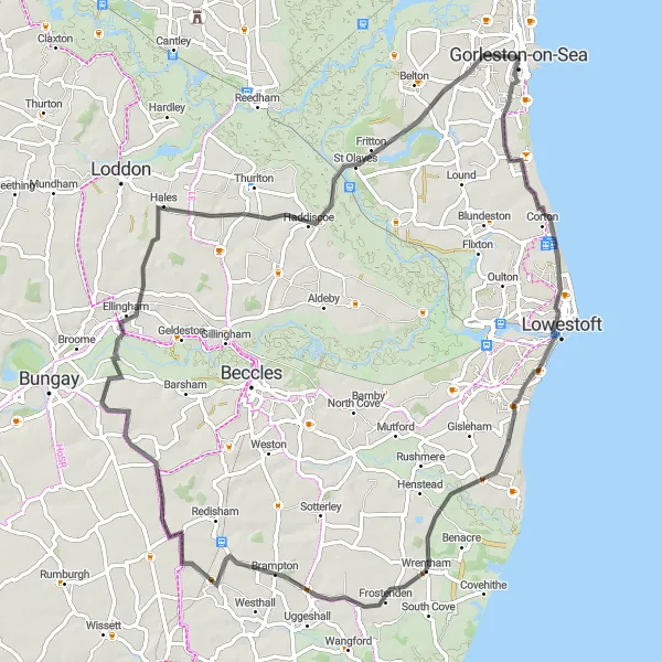 Map miniature of "Scenic Ride to Brampton and Lowestoft" cycling inspiration in East Anglia, United Kingdom. Generated by Tarmacs.app cycling route planner