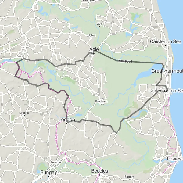 Map miniature of "Countryside Loop to Acle and Norton Subcourse" cycling inspiration in East Anglia, United Kingdom. Generated by Tarmacs.app cycling route planner