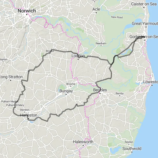 Map miniature of "Rural Ride to Pulham St Mary and St Margaret" cycling inspiration in East Anglia, United Kingdom. Generated by Tarmacs.app cycling route planner