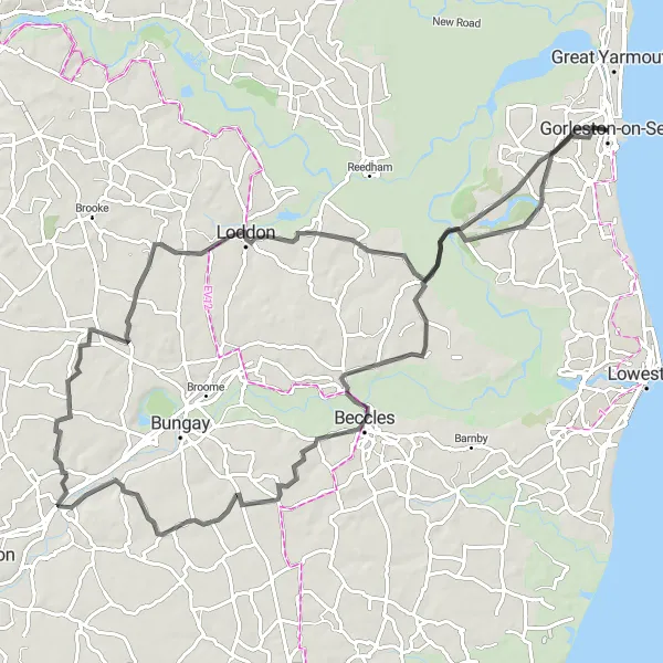 Map miniature of "Gorleston Coastal Loop" cycling inspiration in East Anglia, United Kingdom. Generated by Tarmacs.app cycling route planner
