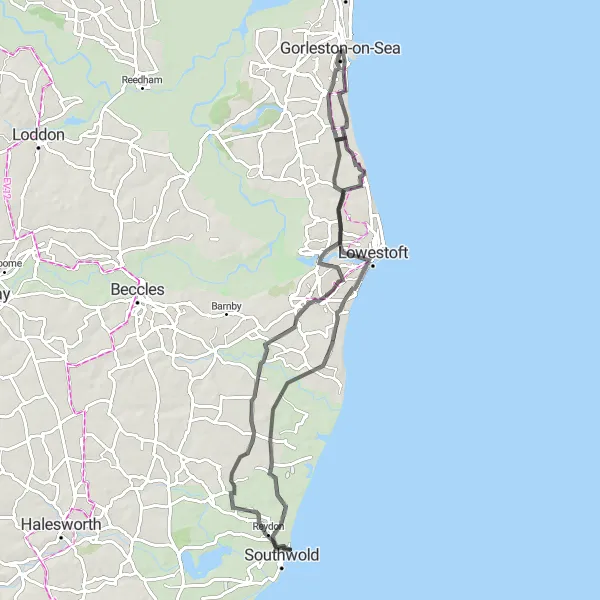Map miniature of "Coastal Marvels and Hidden Gems" cycling inspiration in East Anglia, United Kingdom. Generated by Tarmacs.app cycling route planner