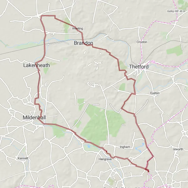 Map miniature of "The Lakenheath Gravel Adventure" cycling inspiration in East Anglia, United Kingdom. Generated by Tarmacs.app cycling route planner