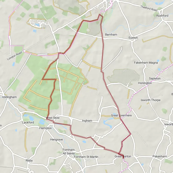 Map miniature of "The Flempton Gravel Loop" cycling inspiration in East Anglia, United Kingdom. Generated by Tarmacs.app cycling route planner
