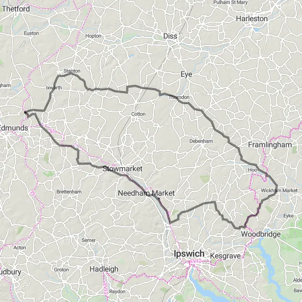 Map miniature of "The Woolpit Green Road Challenge" cycling inspiration in East Anglia, United Kingdom. Generated by Tarmacs.app cycling route planner