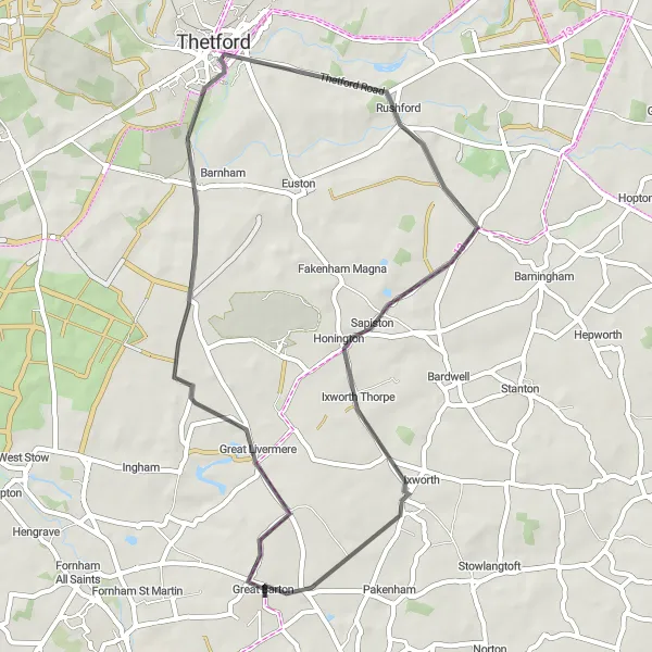 Map miniature of "Great Barton Circuit" cycling inspiration in East Anglia, United Kingdom. Generated by Tarmacs.app cycling route planner