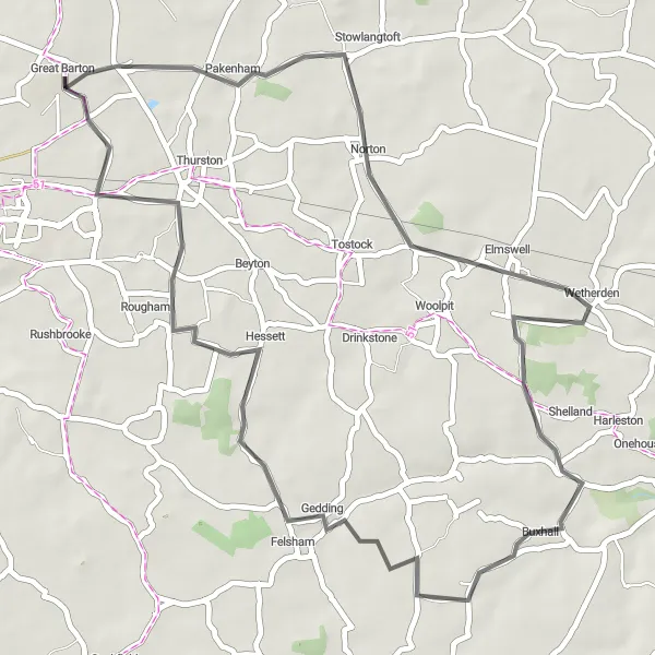 Map miniature of "Scenic Countryside Loop" cycling inspiration in East Anglia, United Kingdom. Generated by Tarmacs.app cycling route planner