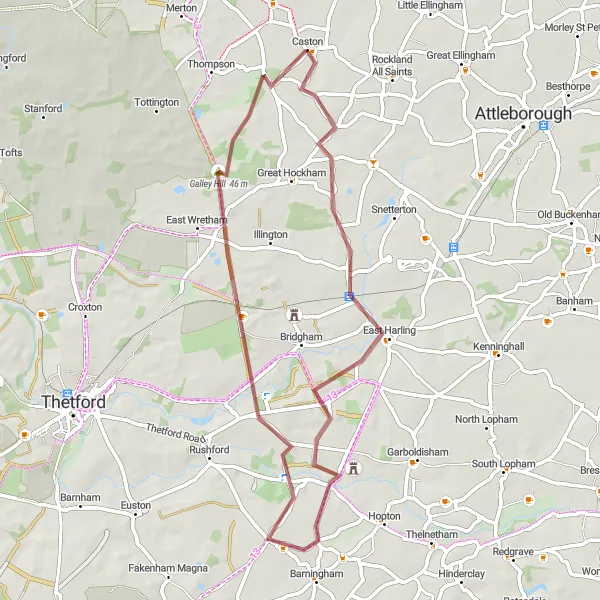 Map miniature of "Gravel Adventure from Griston to Stonebridge" cycling inspiration in East Anglia, United Kingdom. Generated by Tarmacs.app cycling route planner