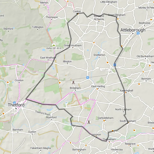 Map miniature of "Exploring Eastern Villages: Rockland St. Peter to Stow Bedon" cycling inspiration in East Anglia, United Kingdom. Generated by Tarmacs.app cycling route planner