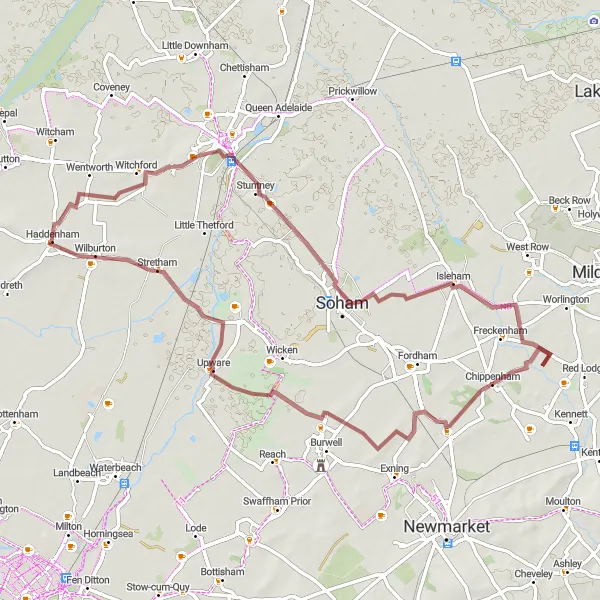 Map miniature of "Haddenham Gravel Adventure" cycling inspiration in East Anglia, United Kingdom. Generated by Tarmacs.app cycling route planner