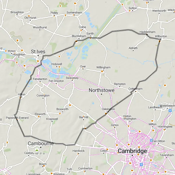 Map miniature of "Haddenham to Cottenham Round Trip" cycling inspiration in East Anglia, United Kingdom. Generated by Tarmacs.app cycling route planner