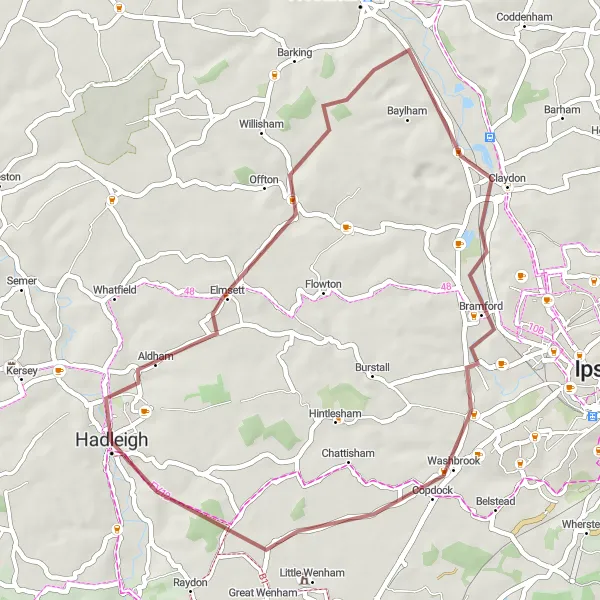 Map miniature of "Gravel Routes to Explore" cycling inspiration in East Anglia, United Kingdom. Generated by Tarmacs.app cycling route planner