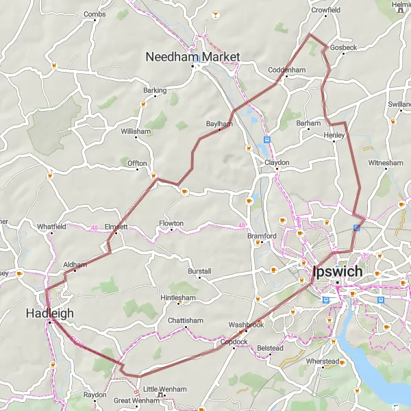 Map miniature of "Discover the Gravel Roads" cycling inspiration in East Anglia, United Kingdom. Generated by Tarmacs.app cycling route planner