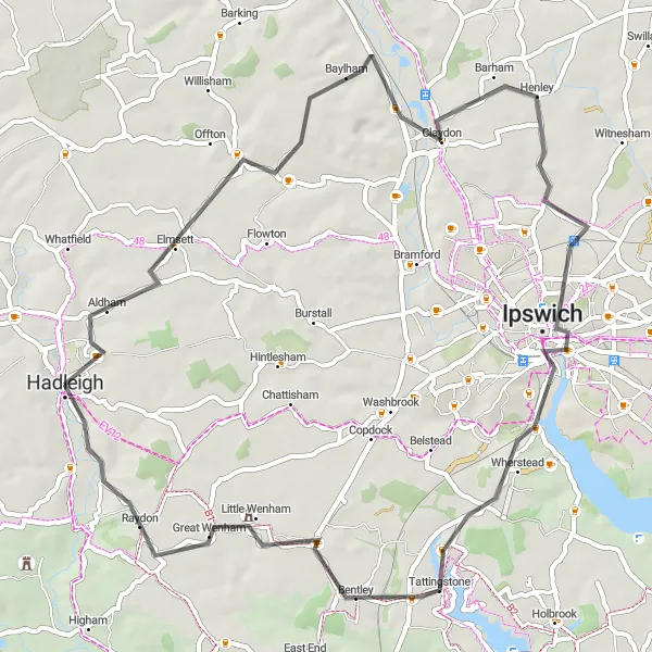 Map miniature of "Aldham and Ipswich Circuit" cycling inspiration in East Anglia, United Kingdom. Generated by Tarmacs.app cycling route planner