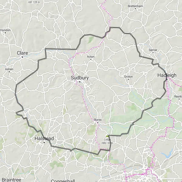 Map miniature of "Suffolk Countryside" cycling inspiration in East Anglia, United Kingdom. Generated by Tarmacs.app cycling route planner