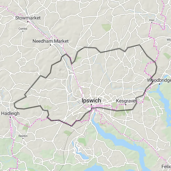 Map miniature of "Elmsett and Ipswich Adventure" cycling inspiration in East Anglia, United Kingdom. Generated by Tarmacs.app cycling route planner