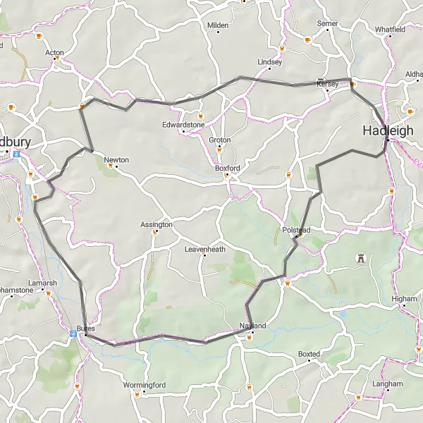 Map miniature of "Suffolk Hills" cycling inspiration in East Anglia, United Kingdom. Generated by Tarmacs.app cycling route planner