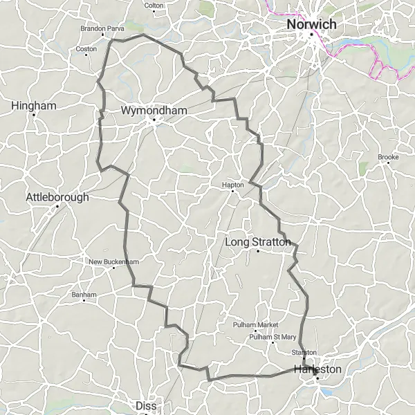 Map miniature of "Gastronomic Adventure" cycling inspiration in East Anglia, United Kingdom. Generated by Tarmacs.app cycling route planner