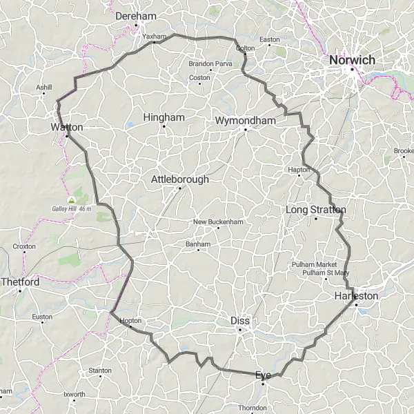 Map miniature of "Journey Through the Heart of East Anglia" cycling inspiration in East Anglia, United Kingdom. Generated by Tarmacs.app cycling route planner