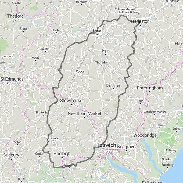 Map miniature of "Harleston to Botesdale Loop" cycling inspiration in East Anglia, United Kingdom. Generated by Tarmacs.app cycling route planner