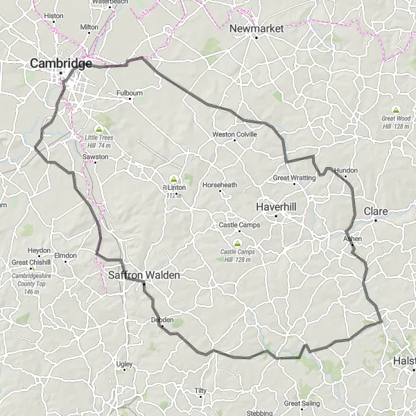 Map miniature of "A Tour of East Anglia's Gems" cycling inspiration in East Anglia, United Kingdom. Generated by Tarmacs.app cycling route planner