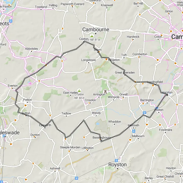 Map miniature of "South Cambridgeshire Circular Road Route" cycling inspiration in East Anglia, United Kingdom. Generated by Tarmacs.app cycling route planner