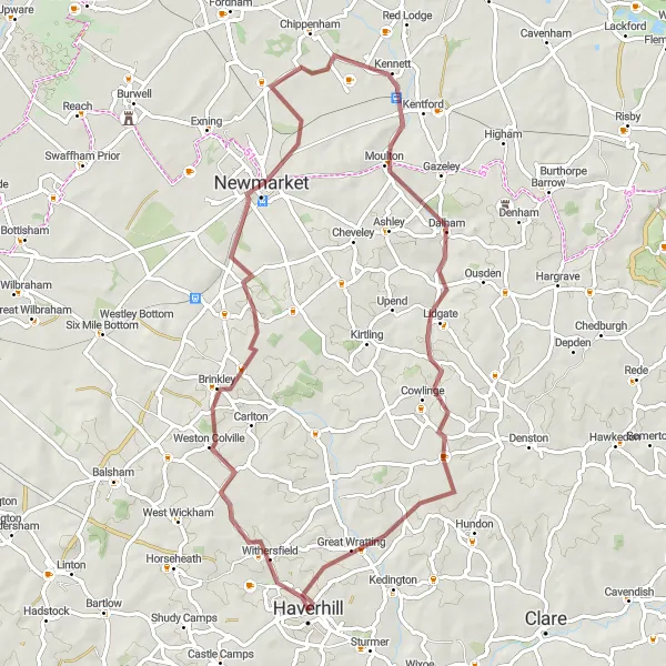 Map miniature of "Haverhill Gravel Ride" cycling inspiration in East Anglia, United Kingdom. Generated by Tarmacs.app cycling route planner