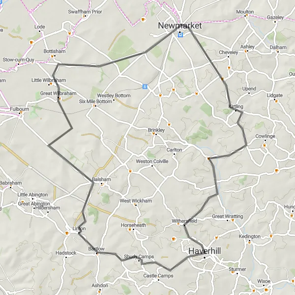 Map miniature of "Historical Haverhill Loop" cycling inspiration in East Anglia, United Kingdom. Generated by Tarmacs.app cycling route planner