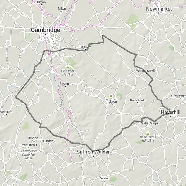 Map miniature of "Saffron Walden Loop" cycling inspiration in East Anglia, United Kingdom. Generated by Tarmacs.app cycling route planner