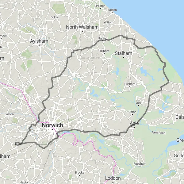 Map miniature of "Waterside Wonder" cycling inspiration in East Anglia, United Kingdom. Generated by Tarmacs.app cycling route planner