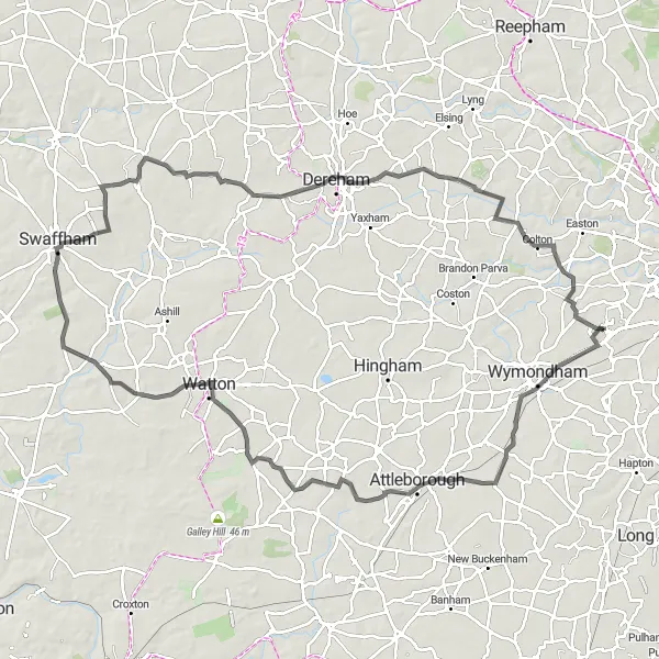 Map miniature of "Bedon Beauty" cycling inspiration in East Anglia, United Kingdom. Generated by Tarmacs.app cycling route planner