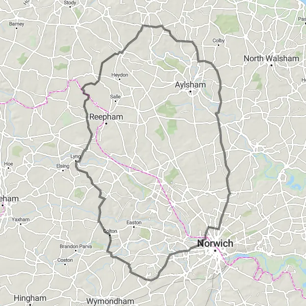 Map miniature of "Great Melton-Wood Dalling-Erpingham-Old Catton-Colney Loop" cycling inspiration in East Anglia, United Kingdom. Generated by Tarmacs.app cycling route planner