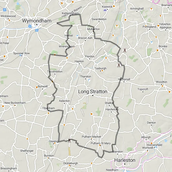 Map miniature of "Fritton Adventure" cycling inspiration in East Anglia, United Kingdom. Generated by Tarmacs.app cycling route planner