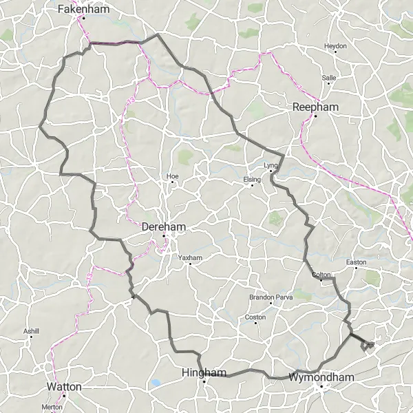 Map miniature of "Hingham-Twyford-Sparham-Great Melton Loop" cycling inspiration in East Anglia, United Kingdom. Generated by Tarmacs.app cycling route planner