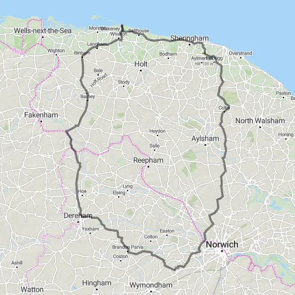 Map miniature of "Elmham-Binham-Kelling-Hellesdon Loop" cycling inspiration in East Anglia, United Kingdom. Generated by Tarmacs.app cycling route planner