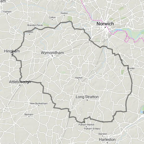 Map miniature of "Hingham Woodland Ride" cycling inspiration in East Anglia, United Kingdom. Generated by Tarmacs.app cycling route planner