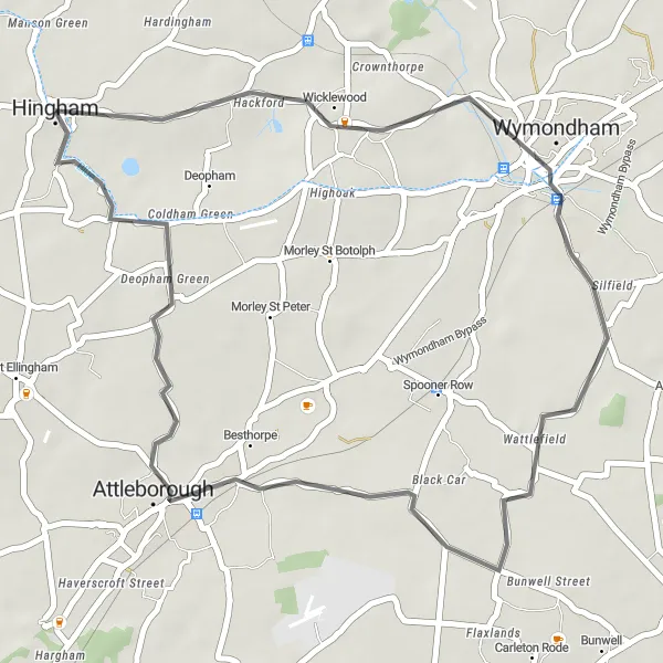 Map miniature of "Hingham to Wymondham Gravel Adventure" cycling inspiration in East Anglia, United Kingdom. Generated by Tarmacs.app cycling route planner