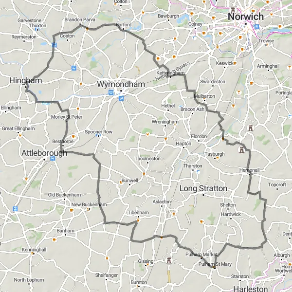 Map miniature of "Hingham to Pulham Market Loop" cycling inspiration in East Anglia, United Kingdom. Generated by Tarmacs.app cycling route planner