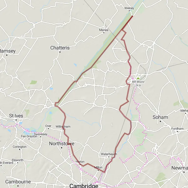 Map miniature of "The Fens Excursion" cycling inspiration in East Anglia, United Kingdom. Generated by Tarmacs.app cycling route planner