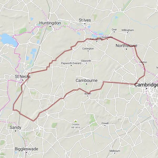 Map miniature of "Gravel Expedition in Cambridgeshire" cycling inspiration in East Anglia, United Kingdom. Generated by Tarmacs.app cycling route planner